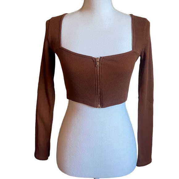 PACSUN L.A. Hearts Brown Square Neck Long Sleeve Ribbed Zip Up Crop Top Small - Picture 12 of 12